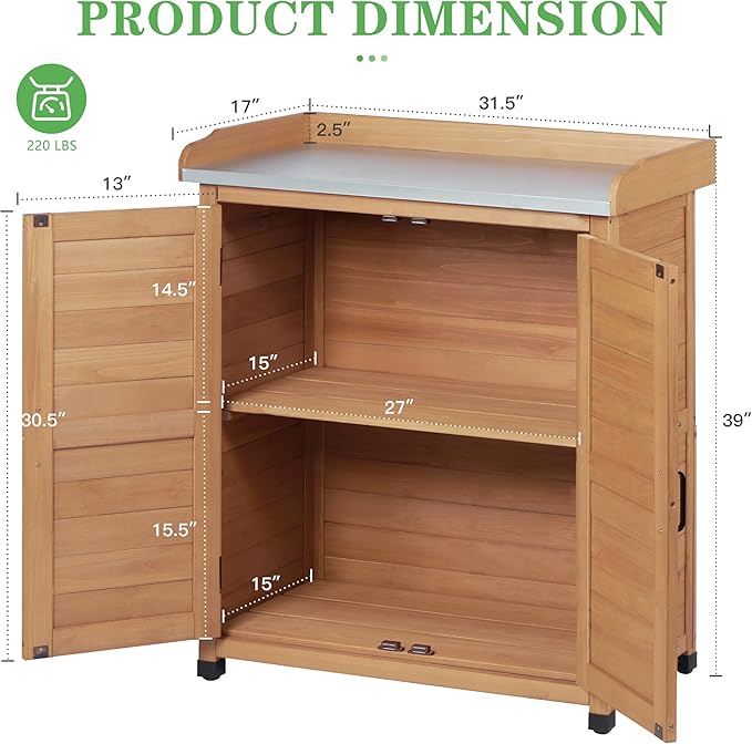 Outdoor Potting Bench with Storage Cabinet and Metal Top, Wood Workstation for Outdoor Patio, Garden (Light Brown, 31.5x17x39‘’)