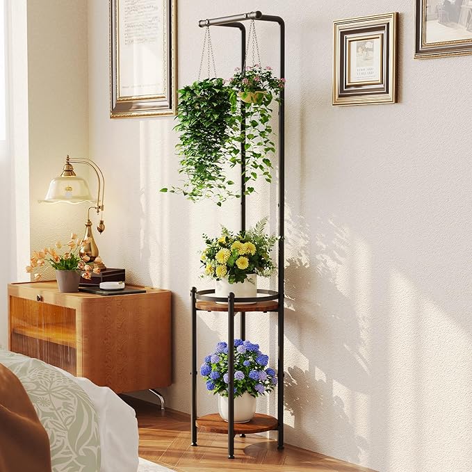 Plant Stand Indoor Outdoor - Heavy Duty Metal 2-tier Hanging Plant Holder Space-Saving Iron Plant Stands Tall Plant Shelf for Living Room Garden Balcony（Rustic Brown and Black）