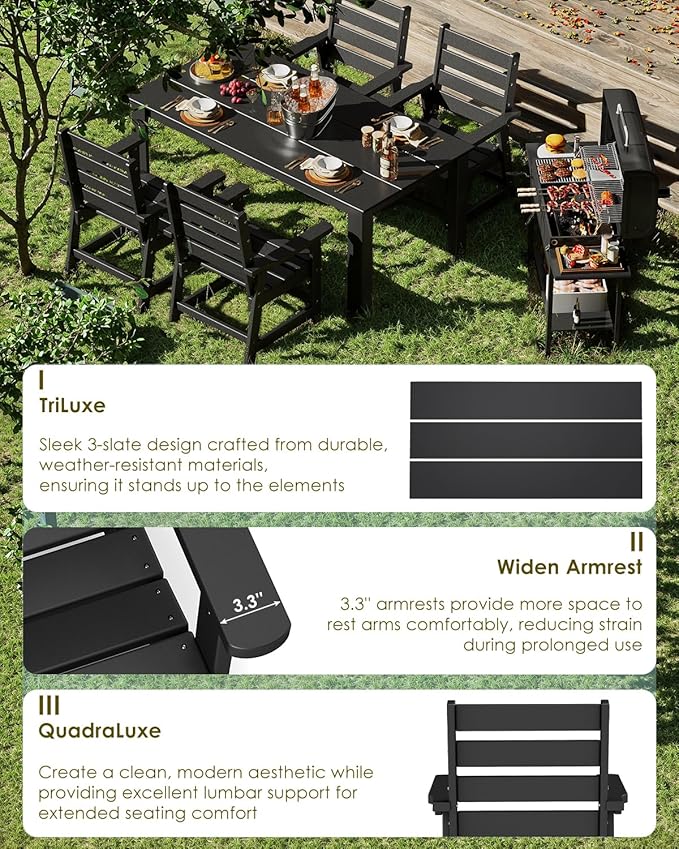 GREENVINES 5-Piece Outdoor Dining Set | HDPE | Patio Table and Chairs Sets for 4 | Patio Furniture | All Weather | Umbrella Hole | Black | for Backyard Poolside Garden
