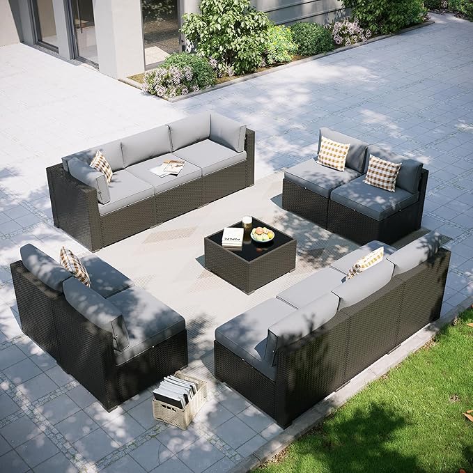 Aoxun Patio Furniture Set, 11 Piece Outdoor Sectional Sofas with Waterproof Cover, 10 Seats Wicker Rattan Outdoor Furniture Patio Conversation Set for Backyard, Garden Light Grey