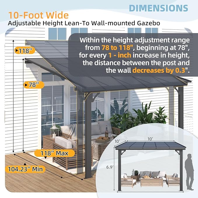 AECOJOY 10' x 10' Adjustable Height Outdoor Gazebo Pergola for Patio, Large Wall-Mounted 6.5-9.8 Ft Hard Top Lean to Metal Heavy Duty Metal Awnings Shelter Pergolas and Gazebos Clearance with Roof