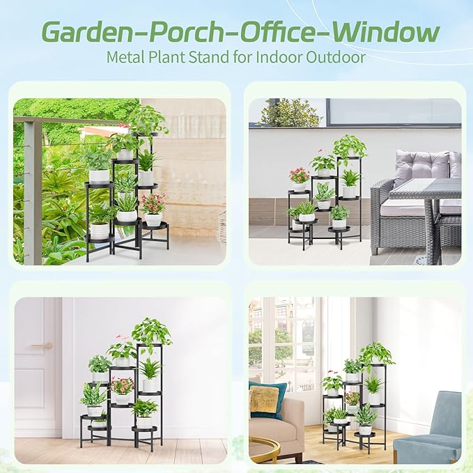 iDavosic.ly Plant Stand Indoor Outdoor, 8 Tier Corner Metal Flower Display Holder Shelf, Easy Assembly Folding Tall Orchid Rack for Patio Balcony Porch Garden Living Room House, Black