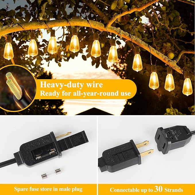 Brightever LED Outdoor String Lights 50FT Patio Lights with 27 Shatterproof ST38 Vintage Edison Bulbs, Outside Hanging Light Waterproof for Porch, Deck, Garden, Backyard, Balcony, 2200K Dimmable