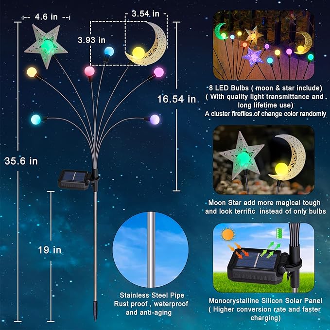 TAKE ME Solar Firefly Lights Outdoor Moon Star Sun Projection Stake Lights - Waterproof Solar Powered Garden Lights for Pathway, Yard, Patio Decor Color Changing
