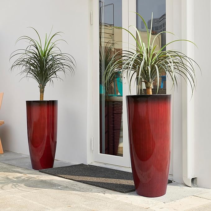 Glitzhome 30" H Oversized Tall Planter, Set of 2 Large Outdoor Planters with Drainage Holes, Gradient Red Faux Ceramic Finish, Large Flower Pots Plastic Plant Pots for Indoor Outdoor Front Door Patio