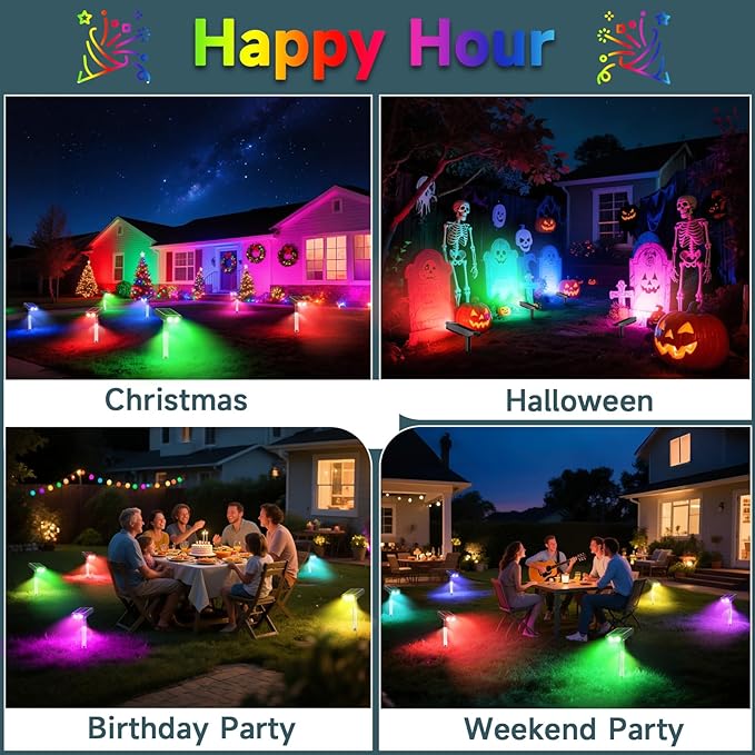 RGB Solar Spot Lights : 2 IN 1 Solar Lights Outdoor with 8 Lighting Modes & PC Light Guide Column for Tree Garden Yard Pathway | RGB Color Changing Landscape Lights | IP65 Waterproof | 6 Pack