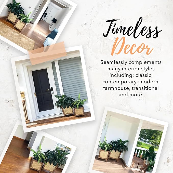 Autumn Alley Rustic Boho Large Indoor Planter - Rattan Planter Boxes Outdoor Set of 2 – Wooden Indoor or Outdoor Plant Box Stands – Decorative Square Woven Rattan Flower Pots for Home & Office