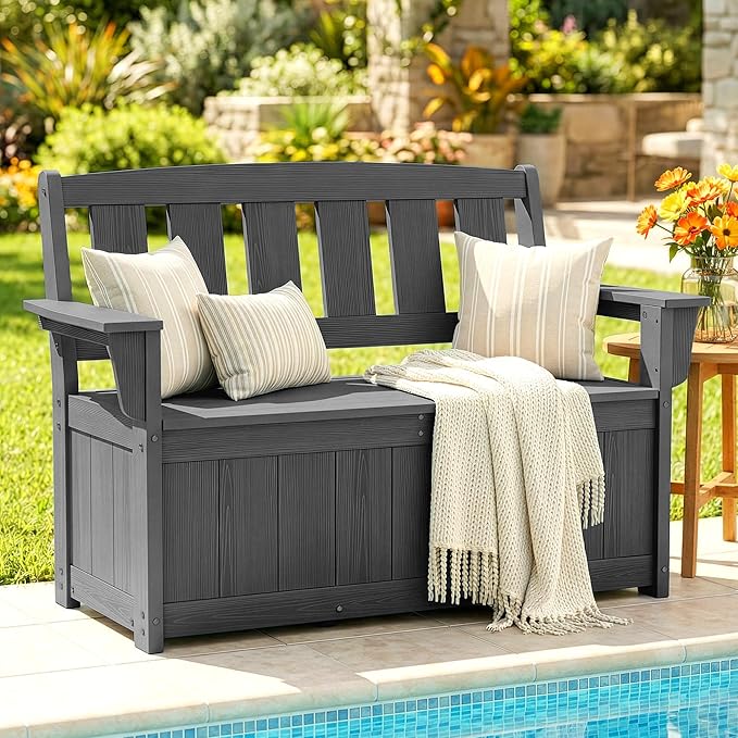 SERWALL HDPE Outdoor Storage Bench, All-Weather, UV-Resistant Deck Box with Waterproof Storage Bags, 57 Gallon Dual-Use Seat & Organizer Deck Boxes for Patio, Garden Tools & Pool (Gray)