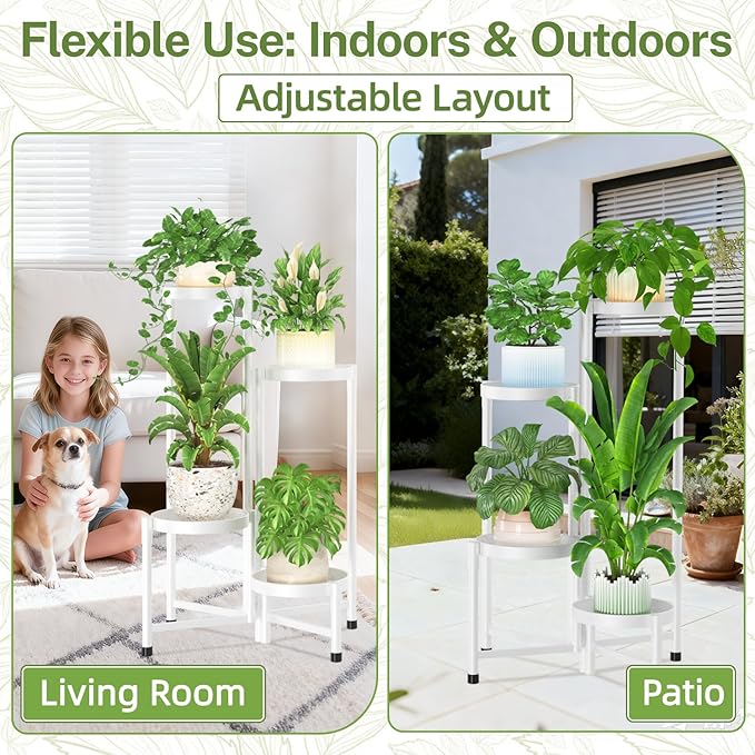 iDavosic.ly Plant Stand Indoor Outdoor, 4 Tier Corner Metal Flower Display Holder Shelf, Easy Assembly Folding Tall Orchid Rack for Patio Balcony Porch Garden Living Room House, White
