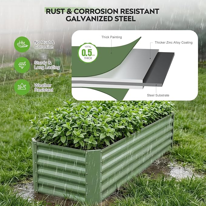 ZORMY 6×2×1.4ft Galvanized Raised Garden Bed Kit, Metal Planter Boxes Outdoor, High Raised Beds for Vegetables, Fruits, and Flowers - LotusGreen