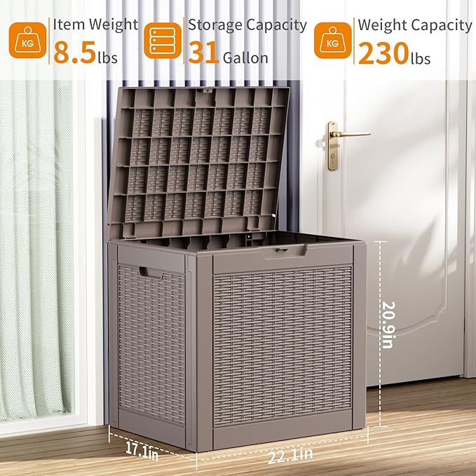 31 Gallon Outdoor Deck Box, Lockable Waterproof Outdoor Storage Boxes For Garden Tools,Indoor Cushions,Accessories Outside Storage Resin Weatherproof Container(Grey)