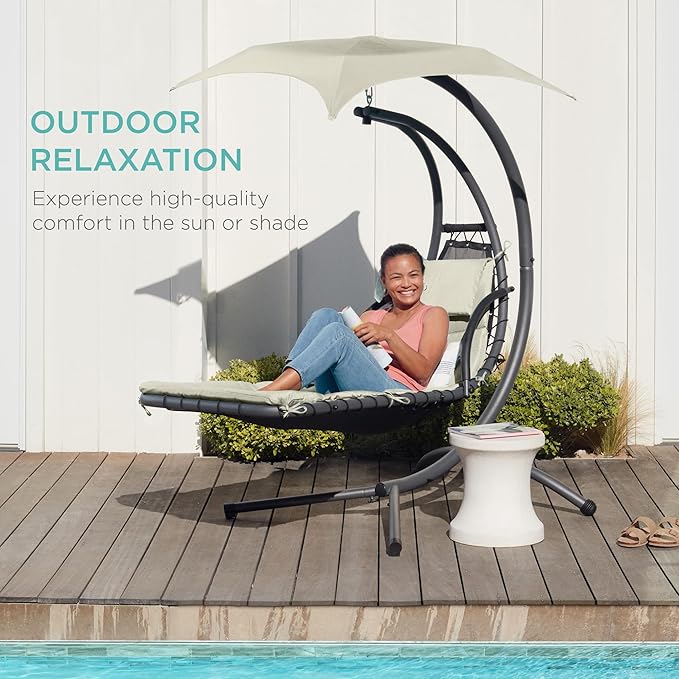 Best Choice Products Outdoor Hanging Curved Steel Chaise Lounge Chair Swing w/Built-in Pillow and Removable Canopy - Ivory