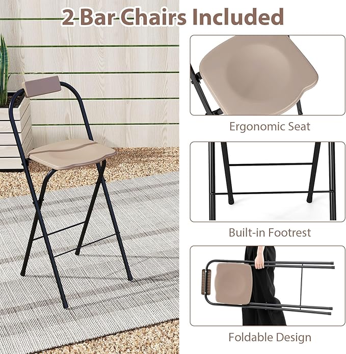 Tangkula 3 Piece Patio Bar Set, Grill Gazebo & 2 Foldable Bar Stools with Awning, Metal Storage Shelves, Glass Holders, Double-Tier Outdoor Shelter for Patio Poolside Garden Backyard (Coffee)