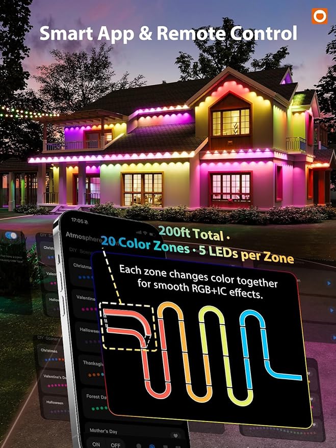 addlon Permanent Outdoor Lights, Smart RGB+IC LED Lights for House & Outdoor Decor, App & Remote Control, Scene Modes, IP67 Waterproof for Christmas, Holiday, Valentine's Day Decorations, 200FT