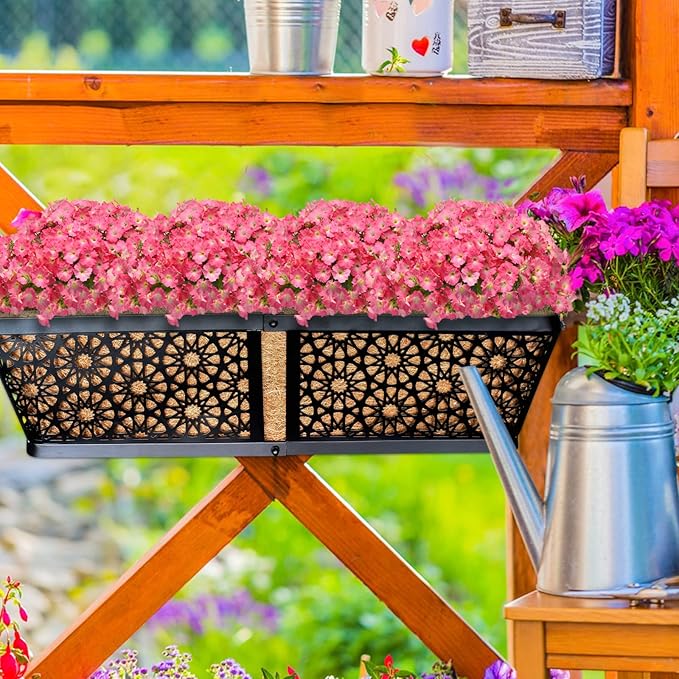 ZeeDix Railing Planter Boxes, 24 Inch Window Flower Box Planters with Coco Liner & Adjustable Brackets for Deck Porch Fence Patio Balcony Gardening Outdoor Plants (2 Pack)