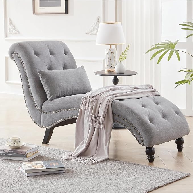 Tufted Soft Chaise Lounge Chair for Bedroom, Linen Rivets Chaise Lounge Indoor, Armless Upholstered Chaise Couch Chair for Living Room with Square Cushions and Solid Wood Legs, Gray