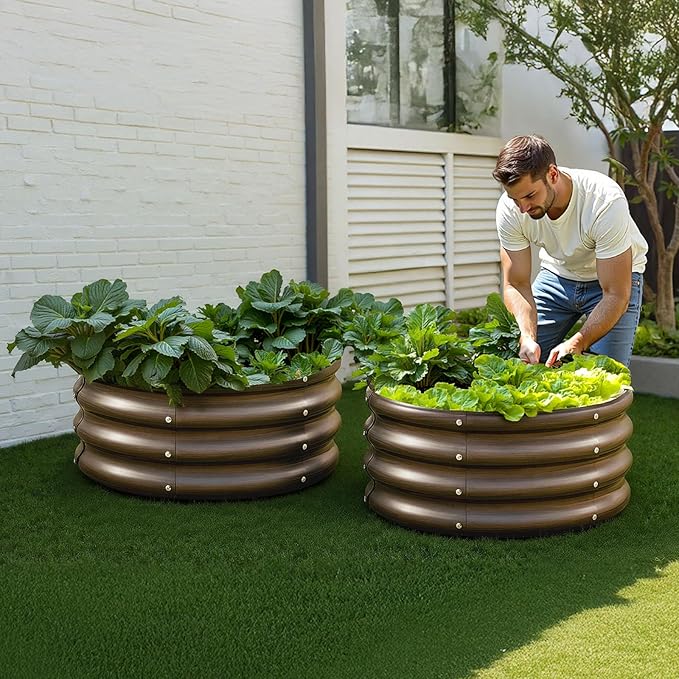 VEVOR 3 Pcs 2x2x1ft Round Galvanized Raised Garden Bed Kit, Outdoor Metal Raised Beds for Gardening Vegetables, Easy Assembly Garden Planter Box for Flowers Fruits with Open Base