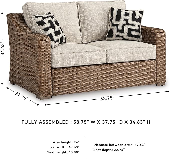Signature Design by Ashley Beachcroft Casual Nuvella Weather Resistant Fabric, Resin Wicker Outdoor Loveseat with Cushion and 2 Accent Pillows, Dark Brown & Beige