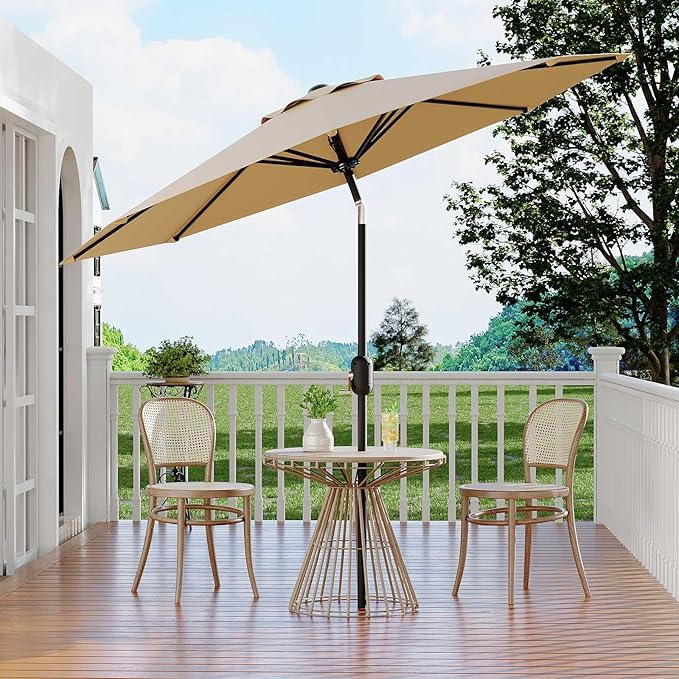 10 ft Patio Umbrella - 8 Sturdy Ribs Outdoor Table Umbrella with Crank Lift & Push Button Tilt - Market Umbrella for Pool, Deck, Yard, Garden - Tan