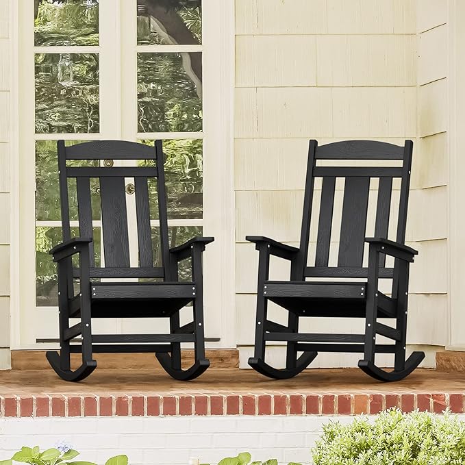 LUE BONA Outdoor Rocking Chairs Set of 2, Weather Resistant Poly Plastic Rocker, 350lb Heavy Duty, Oversized Porch Rocker for Adult, High Back Smooth for Outdoor & Indoor, Black