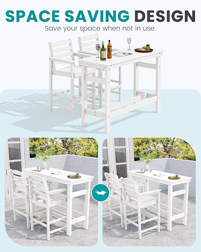 SERWALL 41" Outdoor Bar Table with 1.6" Umbrella Hole, HDPE Patio Bar Counter Height Table, All-Weather Rectangle Bar Table for Backyard, Garden, Poolside, Balcony - White