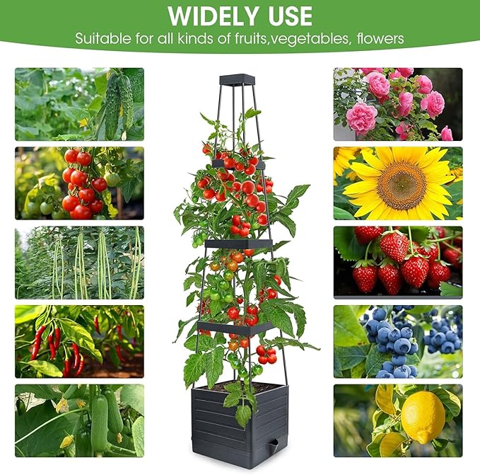 Raised Garden Bed 4 Packs, Planter Boxes with Trellis 58.3'' Tomato Planters for Climbing Vine Vegetables Flowers Plants Self Watering Tomatoes Cage for Outdoor Patio Greenhouse