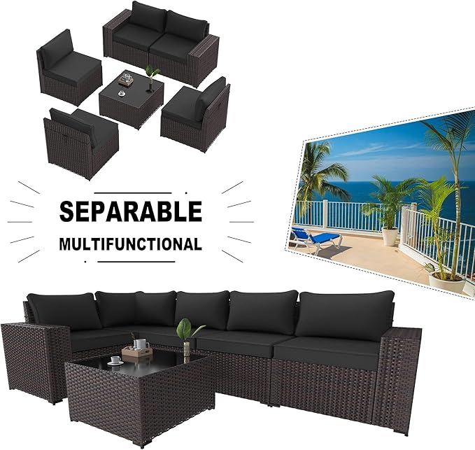 Kullavik 6PCS Outdoor Patio Furniture Set PE Wicker Rattan Sectional Sofa Patio Conversation Sets,Black