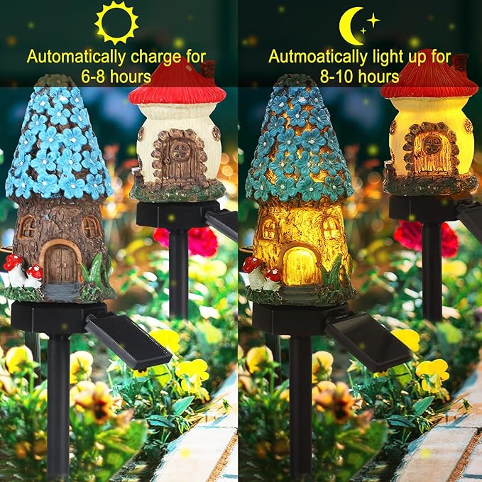 2 Pack Fairy Outdoor Garden Fairy House Mushroom Solar Light Home Statue LED Light for Spring Outside Garden Lawn Walkway Patio Yard Backyard Plant Decoration
