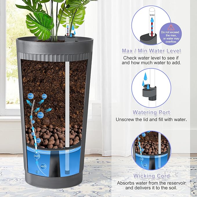 24in Tall Self-Watering Planters Set of 2 - Grey Flower Pots with Water Level Monitor, Non-Toxic Plastic Planters for Indoor Outdoor Patio, Porch, Living Room, Home Office