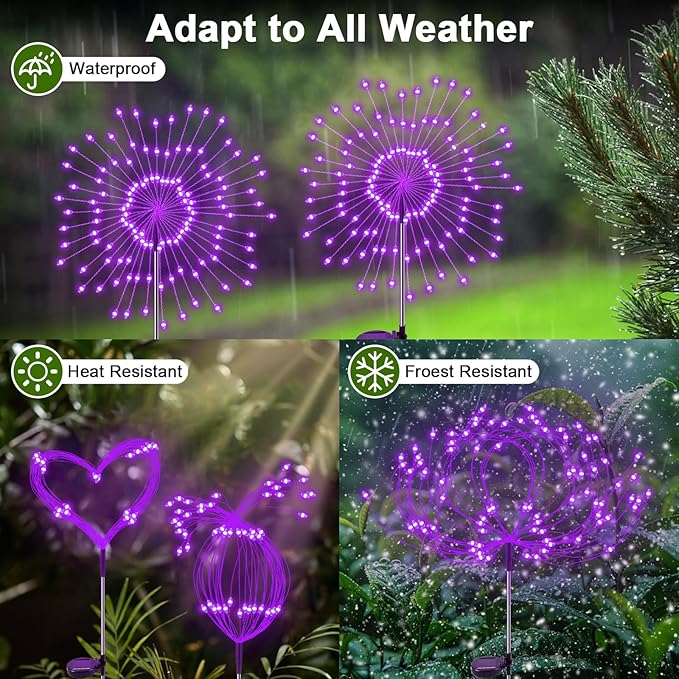 Solar Garden Lights Outdoor, 2 Pack 120 LED Twinkling Firework Lights Decorative with 2 Modes, Outdoor Waterproof Solar Starburst Light for Outside Yard Pathway Garden Decor, Purple