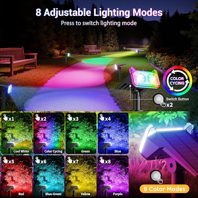 LETMY Solar Spot Lights Outdoor Waterproof with 2 Bigger LED, Auto ON/Off 135°Adjustable Solar Lights Outdoor, 2-in-1 Wall Lights Landscape Spotlights for Tree Pathway Garden Decor 2Pack (RGB Light)