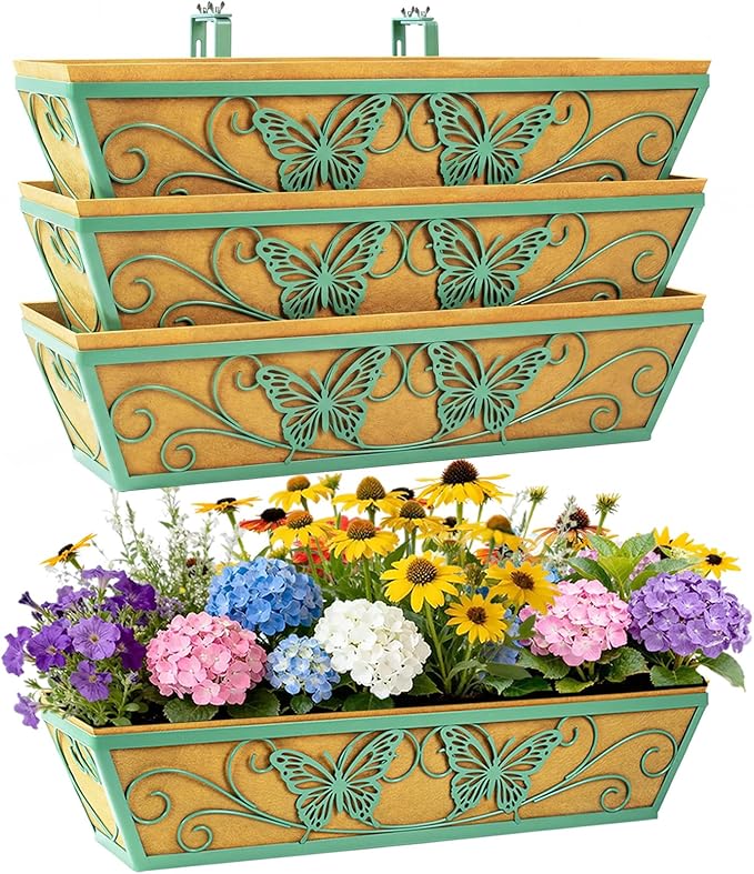 4 Pack 24 Inch Window Boxes Planter Railing Planters Box with Adjustable Brackets for Porch Deck Balcony Hanging Butterfly Decorative Flower Baskets & Non-Woven Fabric Liner for Outdoor Plants - Green