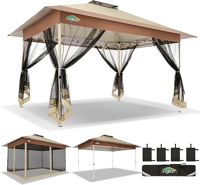 COBIZI 10x15 FT Pop up Gazebo on Clearance - Outdoor pop up Canopy Tent,carpas para Patio, Shelter - Screen Tents with Portable Carry Bag, Patio Gazebos for Camping,Garden,Deck,Backyard,Khaki