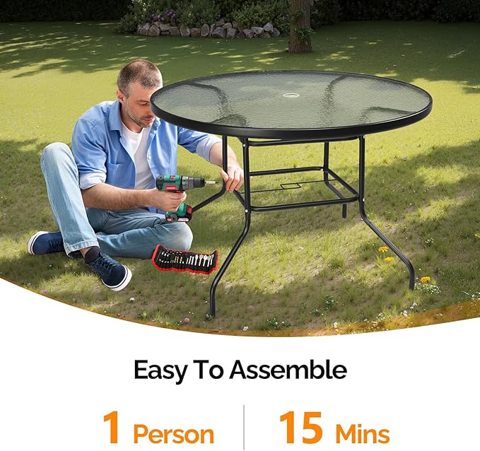 VINGLI Round Patio Table with Umbrella Hole, 40" Outdoor Dining Table Steel Tempered Glass Patio Tables Round Outdoor Tables for Balcony Garden Deck