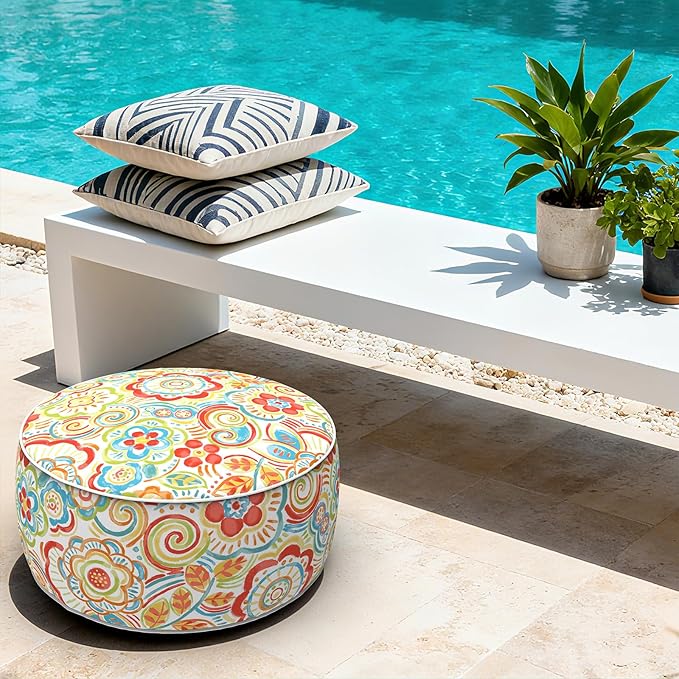 LVTXIII Indoor/Outdoor Inflatable Ottoman with Handle D21 x H9 Inch, Weather-Resistant Round Footstool Pouf for Patio Camping Living Room, Portable Footrest Extra Seating, Flower Multi