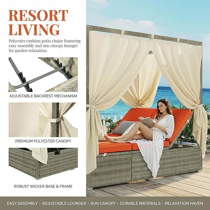 Harper & Bright Designs Adjustable Outdoor Sun Lounger with Canopy,Multi-Position Recline Patio Chair with Removable Cushion,Weather-Resistant Rattan Chaise Lounge for Poolside,Garden & Terrace,Orange