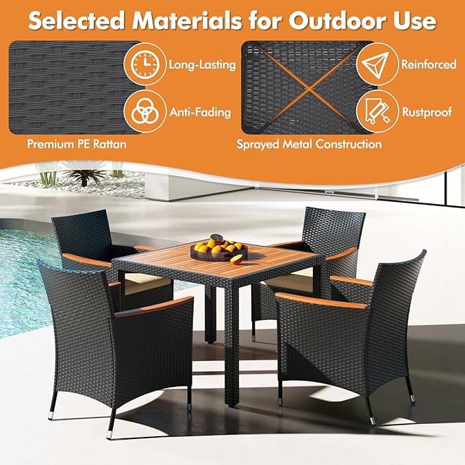 Tangkula 5 Pieces Rattan Outdoor Dining Set for 4, Outdoor Acacia Wood Table Set with 4 Cushioned Wicker Chairs, Umbrella Hole, Patio Dining Furniture Set for Deck Pool Backyard