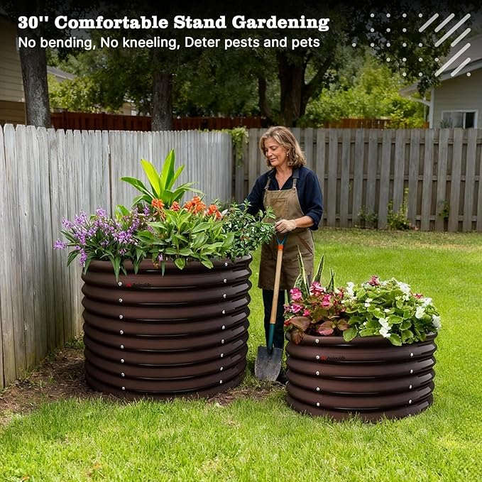 A ANLEOLIFE Set of 6, 30 Inch Extra Tall Galvanized Raised Garden Beds Kit, Large Oval & Round Metal Planters – Ideal for Backyard Vegetables Flowers Herbs, CaféBronze