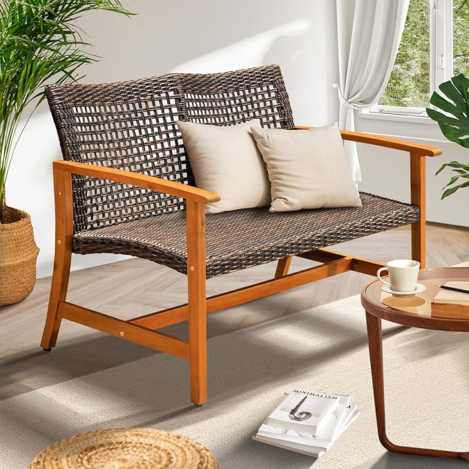 Idzo Harmonie 800lbs Capacity Outdoor Loveseat Furniture, FSC Certified Acacia Patio Sofa with Upgraded 2000 Hours UV Resistant Wicker, Teak Finish Porch Couch