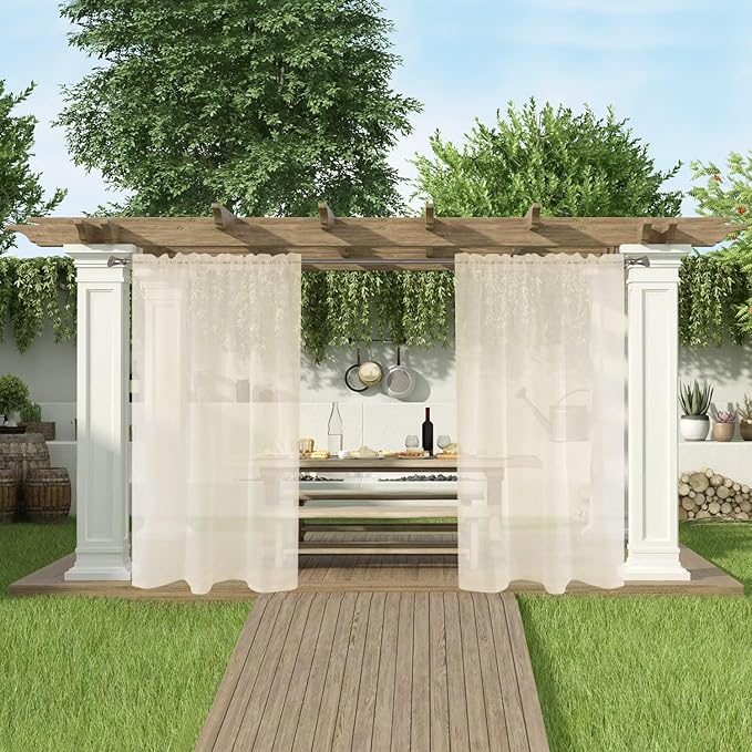 SpaceDresser Waterproof Outdoor Sheer Curtains for Patio - 4 Panels Rod Pocket Indoor Voile Sheer Curtain for Living Room,52W x 108L inch, Ivory