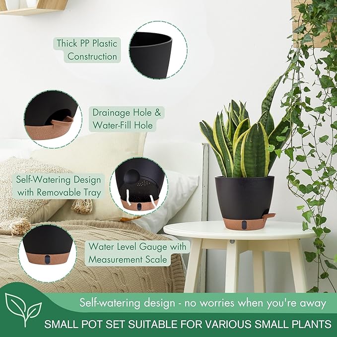 montresor 5-Pack Self-Watering Plastic Plant Pots 5/5.5/6/6.5/7 Inch– Black Indoor Flower Pots with Wick & Water Tray for Herbs, Succulents, Seedlings, Small Plants