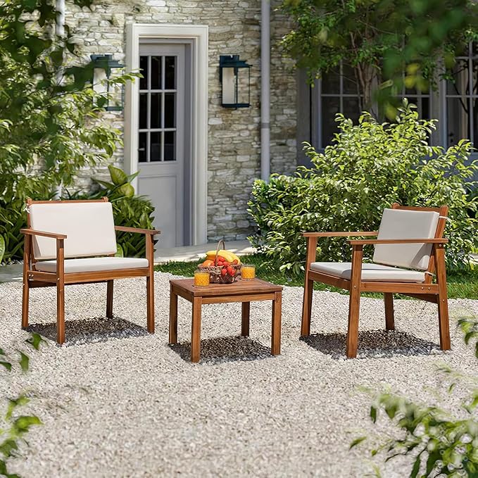 Devoko Patio Set 3 Piece Acacia Wood Outdoor Furniture Conversation Seat with Table & Cushions Porch Chairs for Balcony, Deck, Backyard