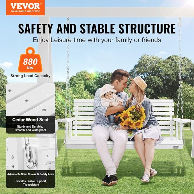 VEVOR Wooden Porch Swing 5.5FT with 2 Side Cup Holders, Heavy Duty 880lbs Patio Swing, Outdoor Swing Hanging Chair, Bench Swing with Adjustable Chains for Front Porch, Yard, Balcony, Garden, White