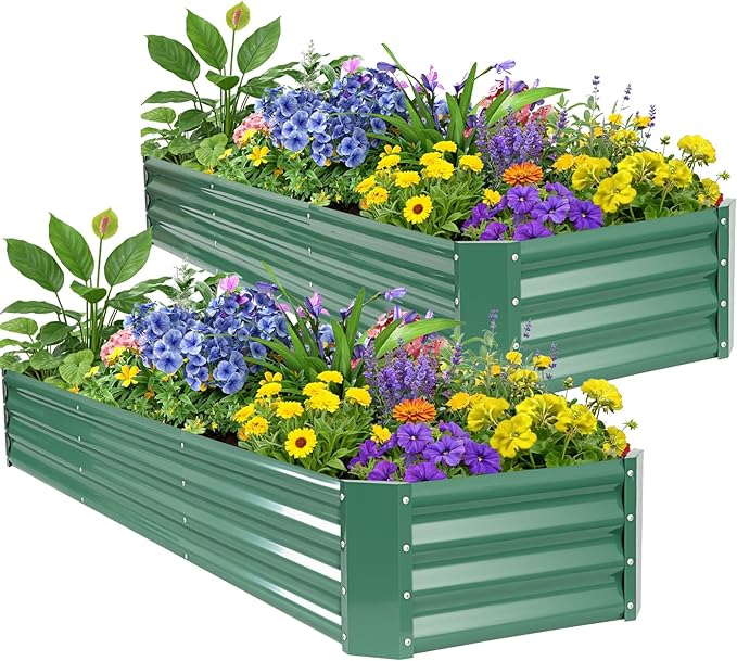 ZORMY 2 Pcs 8x2x1ft Galvanized Raised Garden Bed Outdoor, Metal Planter Boxes with Easy Assembly, Planter Raised Beds for Gardening, Flower, Plants, Vegetable, Herb - LotusGreen
