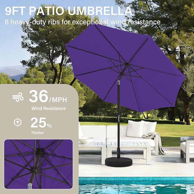 MEWAY 9ft Patio Umbrella Outdoor Table Umbrellas with Push Button Tilt and Crank, Market Umbrella 8 Sturdy Ribs for Deck, Garden, Pool and Backyard, Dark Purple