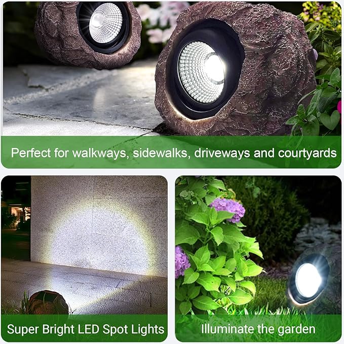 Outdoor Solar Rock Light - 4 Pack, Fake Rock IP65 Waterproof LED Super Bright Spotlight for Deck, Staircase, Woods Garden, Walkway, Patio Pond Garden Decorative Nighttime Landscape Filler Lights