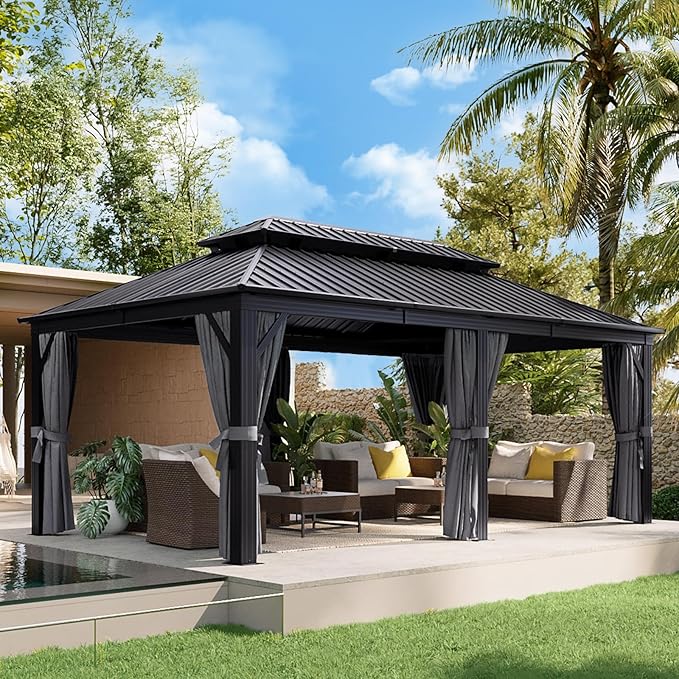 Aoxun 12' X 20' Hardtop Gazebo, Galvanized Steel Double Top, Aluminum Metal Gazebo with Curtains and Netting, Permanent Canopy Pavilion for Wedding, Party, Outdoor Dining