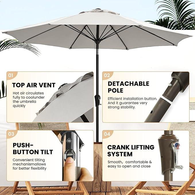Ayge 9FT Large Outdoor Patio Umbrella Market Table Umbrella-UV Resistant, Easy Push Button Tilt and Crank, 8 Sturdy Fiberglass Ribs Heavy-Duty Pool Umbrella for Deck, Backyard,Garden,Light Grey