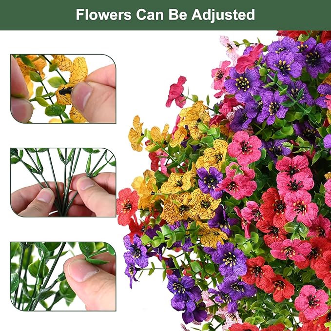 Artificial Flowers for Outdoor, UV Resistant Fake Silk Flowers, Realistic Faux Plants for Outside Indoor Porch Patio Window Box Planter Home Decor (20, Yellow Purple Rosy Red Blue)