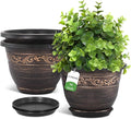 Plastic-Plant-Flower-Planters-14 Inch With Drainage Hole & Saucer, 3 Packs Lightweight Large Resin Flower Pot Indoor Outdoor, Retro Antique Imitation Decorative Garden Containers Sets For Houseplants
